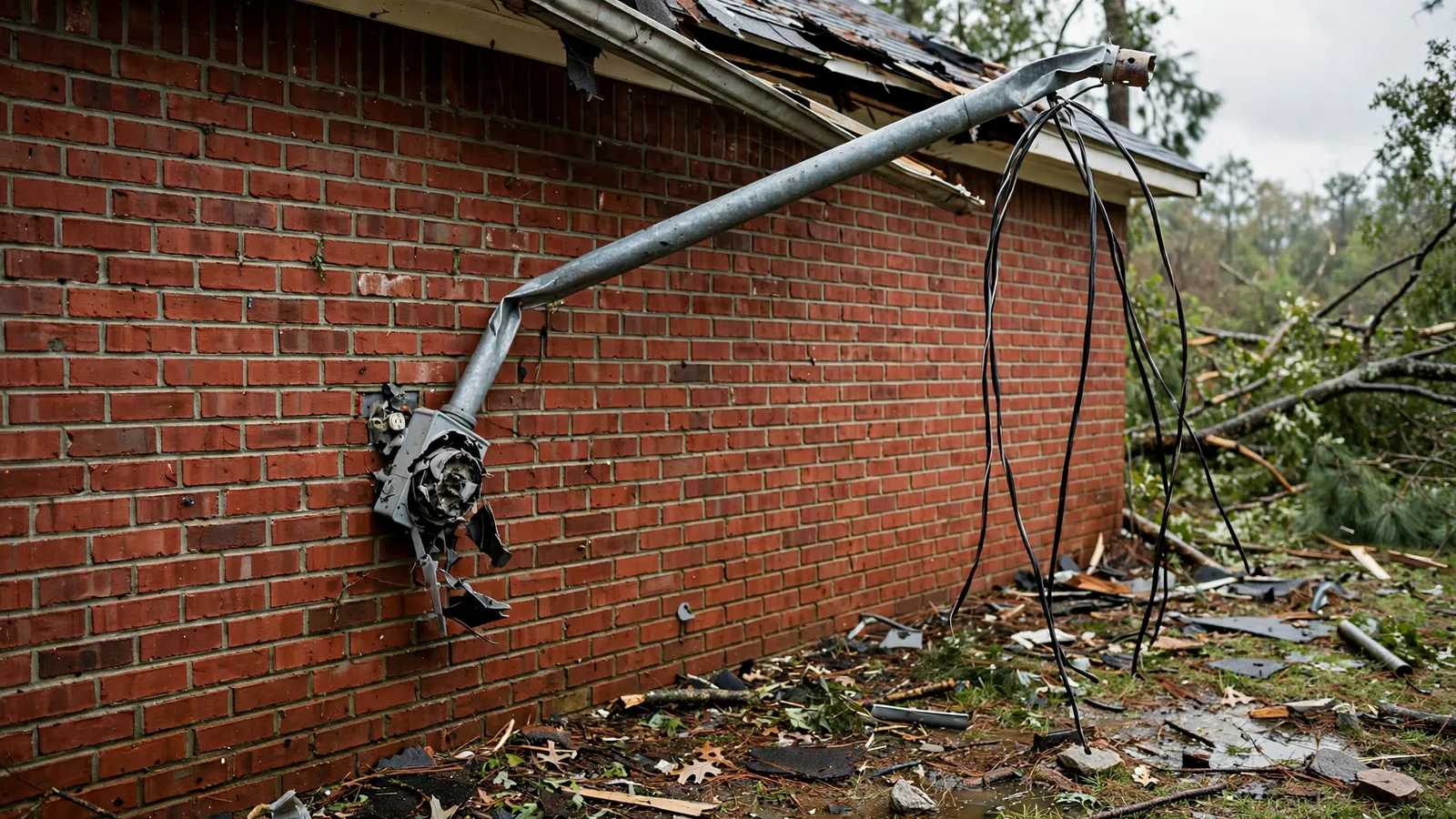 Storm-damaged meter base and bent service mast on a brick wall