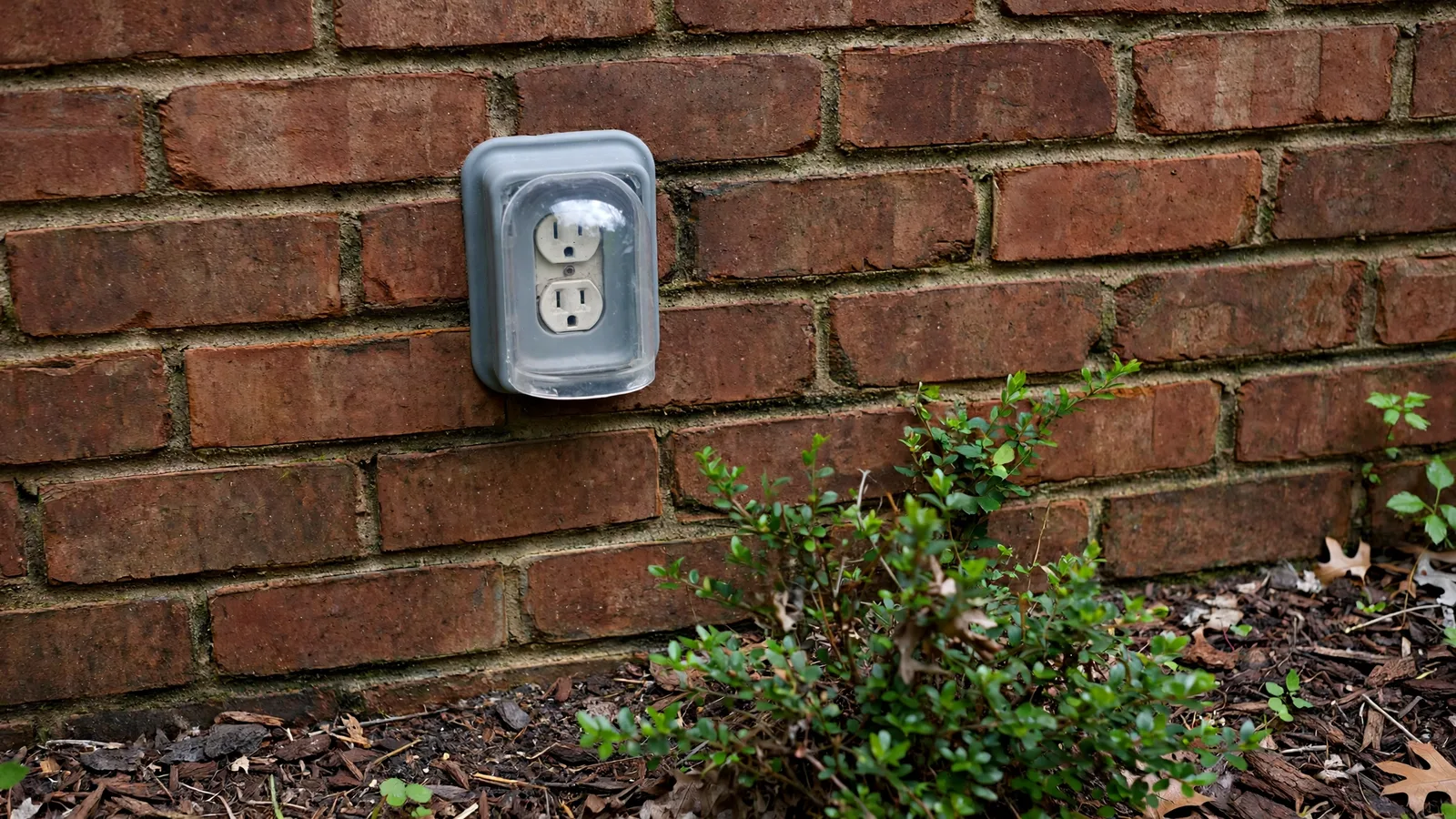 Same brick wall with a new outlet and a closed weatherproof in-use cover