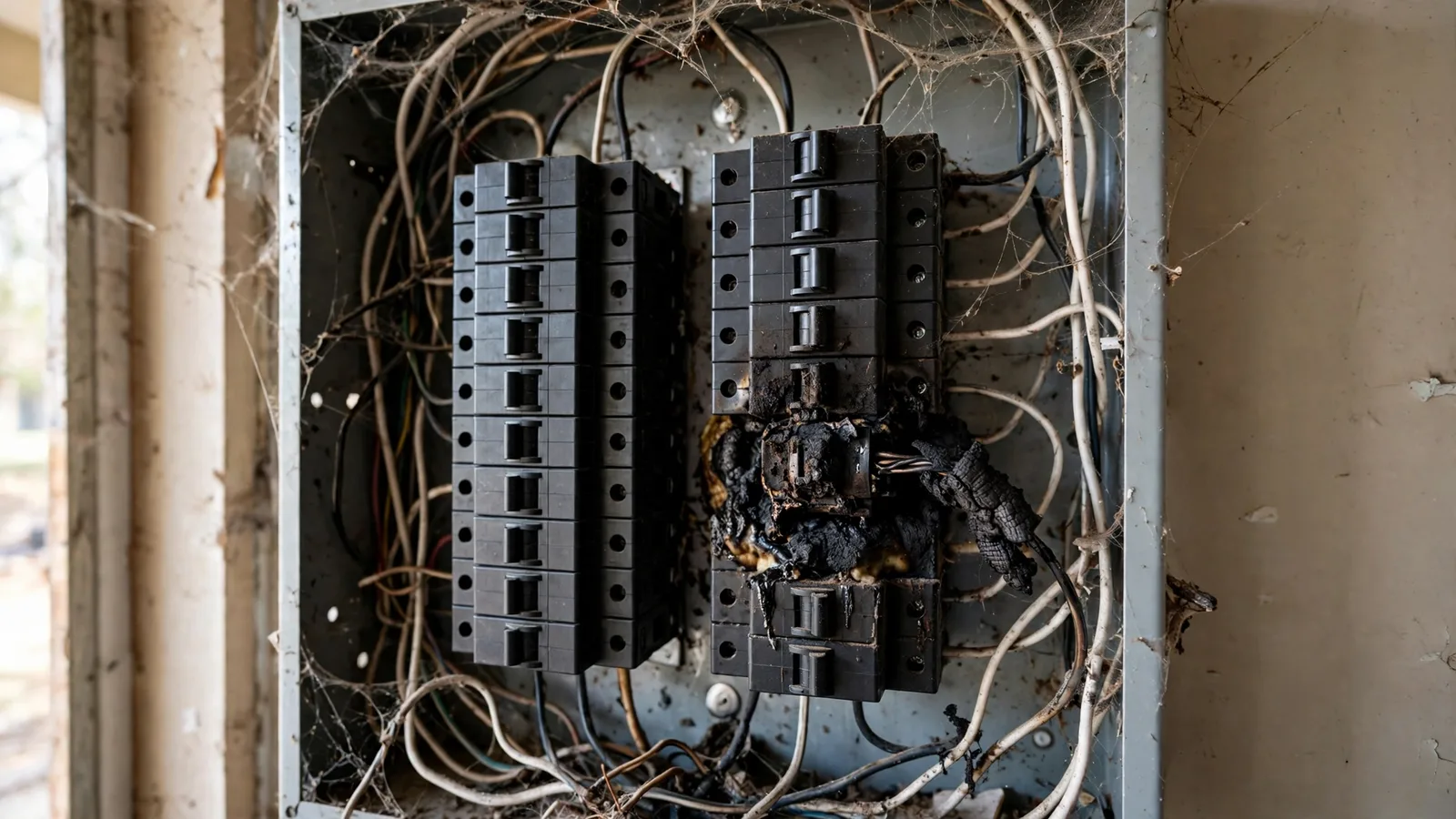 Residential breaker panel with a scorched breaker and messy wiring