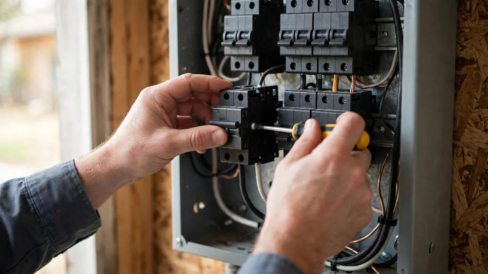 Hands seating a new circuit breaker in a residential electrical panel