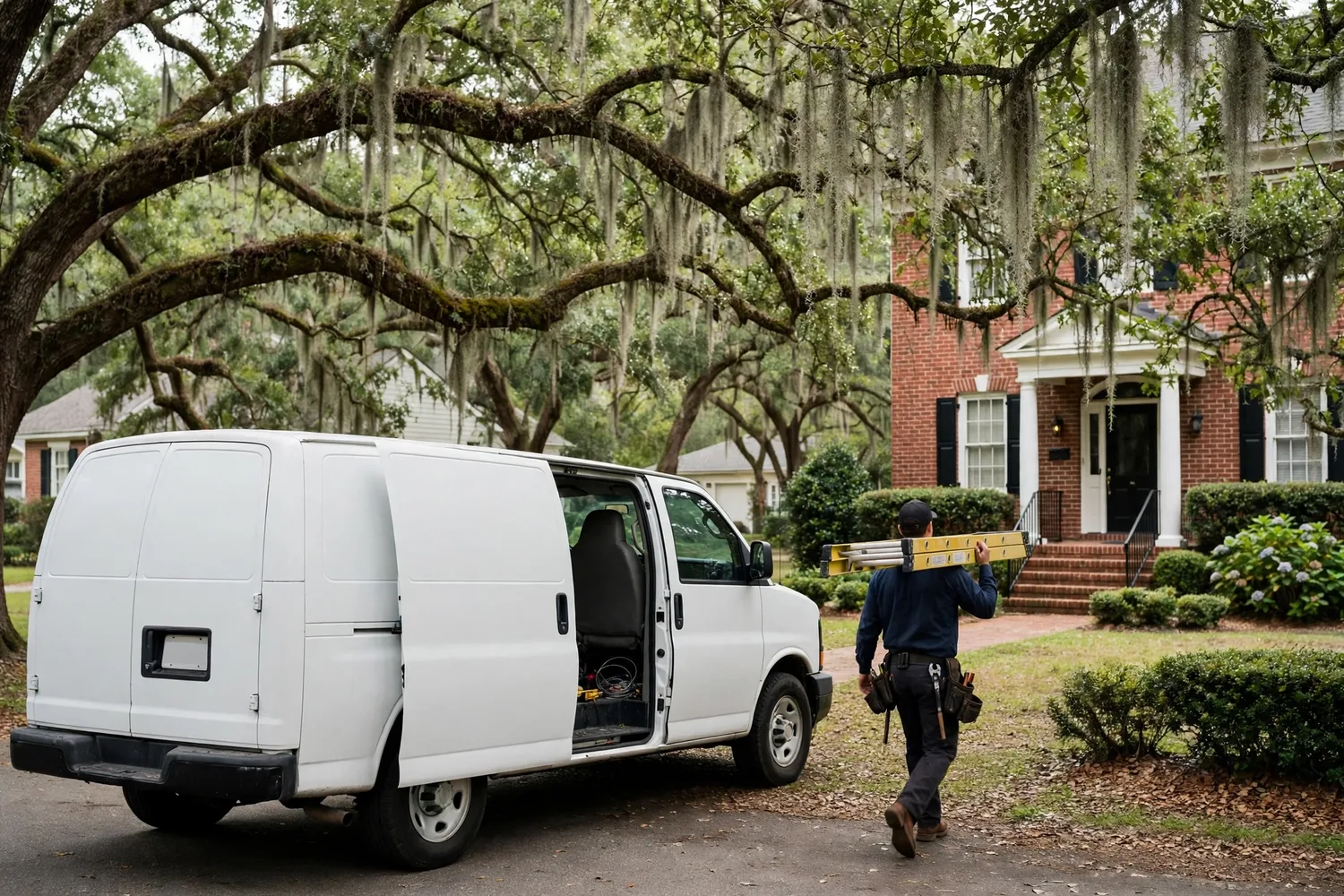 Unmarked white van under live oaks outside a brick home as an electrician carries a ladder