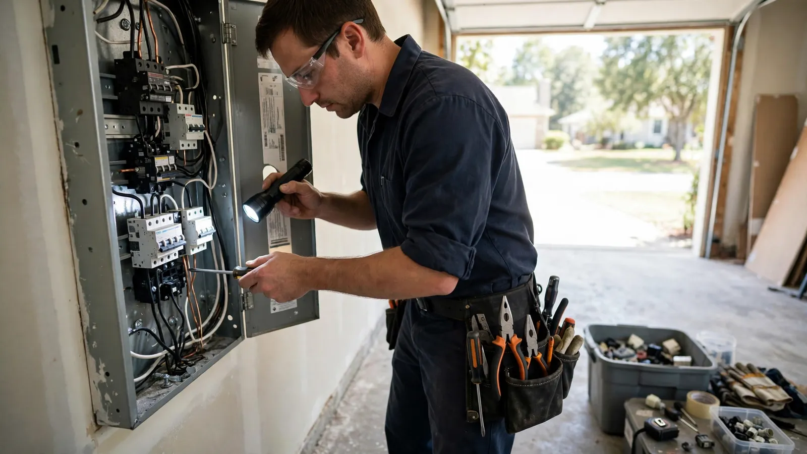 Electrician in safety glasses working inside an open residential breaker panel in a garage