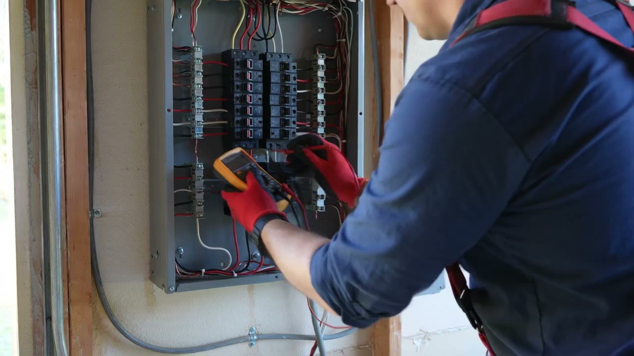 Electrician in safety glasses working inside an open residential breaker panel in a garage