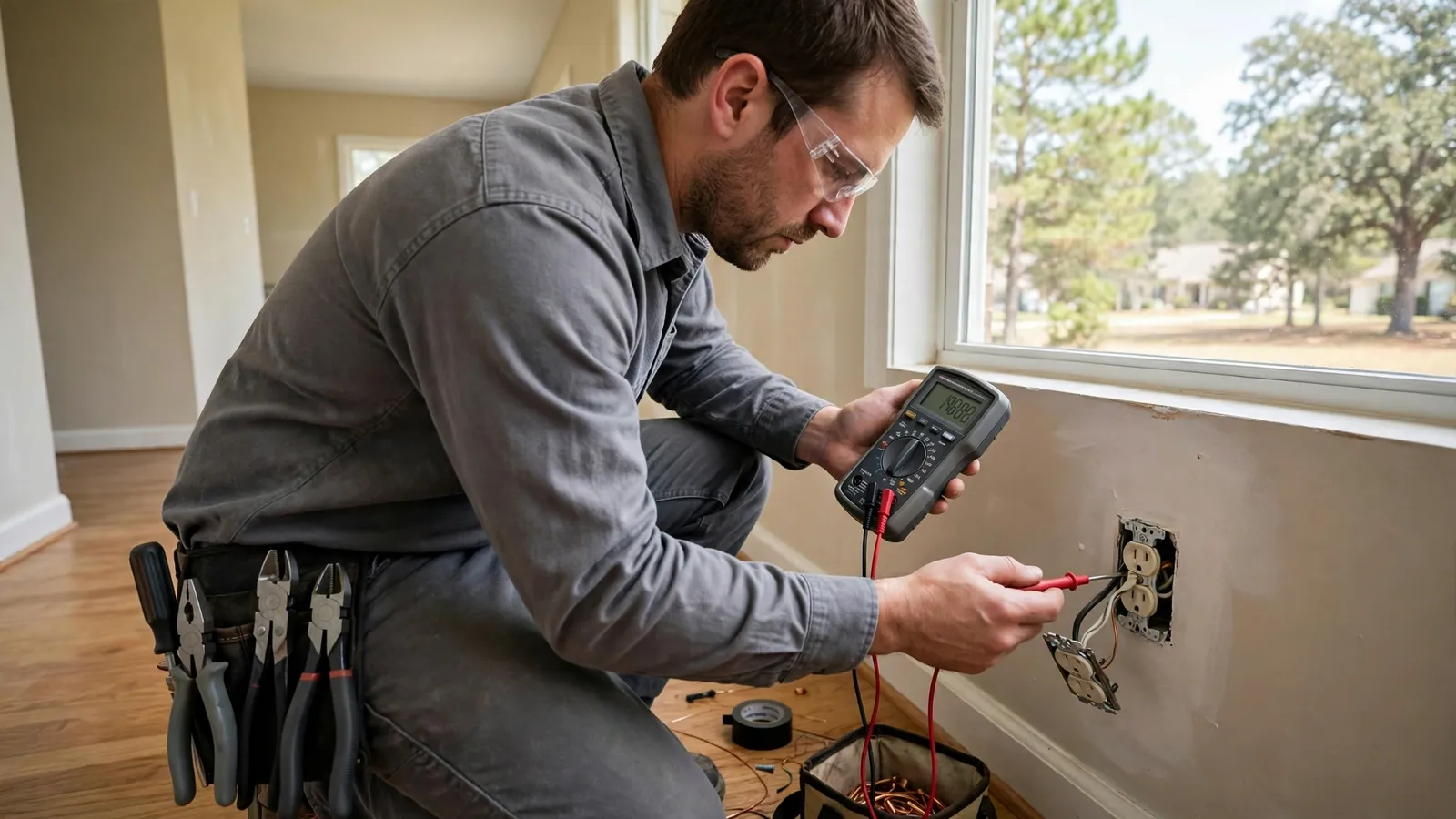 Electrician testing an open wall outlet with a multimeter
